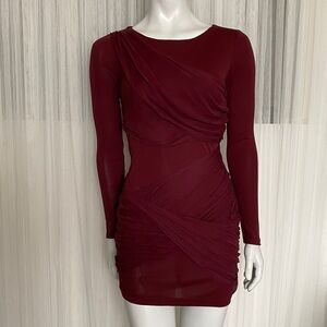 Alice and Olivia Elegant Burgundy Long Sleeve Silk Mini Drape Dress Size 0